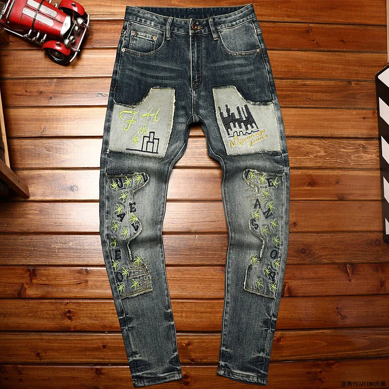 2024 Fashion Men's Embroidered Jeans Stretch Slim Fit Skinny Motorcycle Fashion Elastic Personality Youth Patchwork Retro Trouse