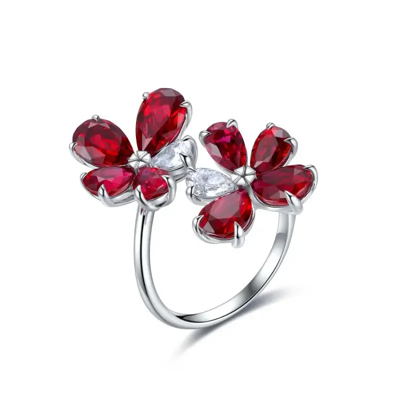 RUIF 2024 New Luxury Flowers Shape S925 Silver 5.82ct Lab Grown Ruby Ring for Women Couple Daily Office Jewelry