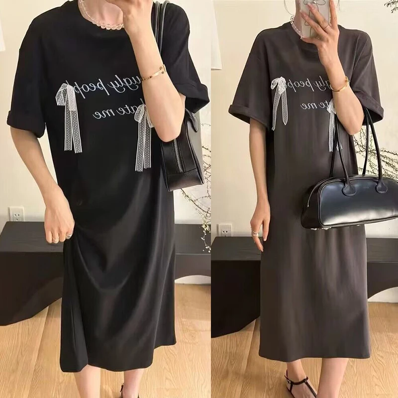 

2024 Summer Maternity Dress with Ribbon Bowknot Short Sleeve O-neck Letters Printing Pregnant Woman Straight Dresses Stretched