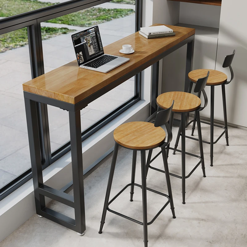 

Solid wood bar table Household wall bar Wrought iron long table Milk tea shop Window balcony High table and chair combination