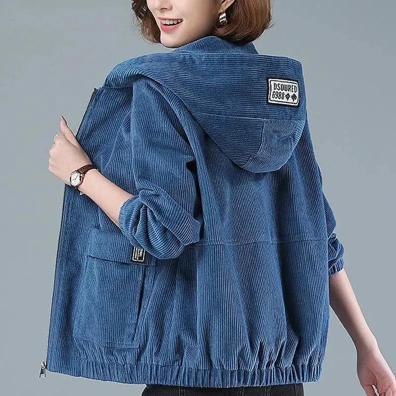 

Corduroy Short Coat 4XL Women's 2023 Spring Autumn New Korean Loose Solid Hooded Jacket Fashion Casual Female Zipper Coat Tops