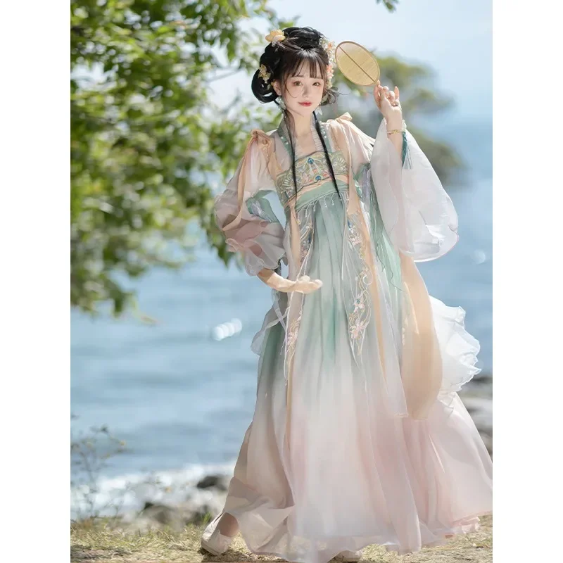 

Autumn Chinese Traditional Hanfu Costume Lightweight Coat Printed Gradient Skirt Bow Accessories Vestidos Elegantes Para Mujer