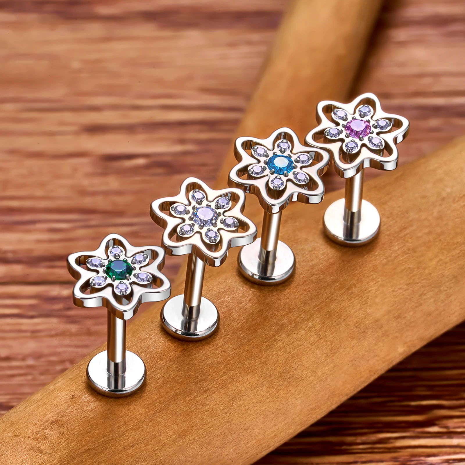 G23 Titanium Ear Piercing Snowflake CZ Inlay Stud Tragus Cartilage Lobe Helix Daith Earrings Labret Lip Stud Women Body Jewelry