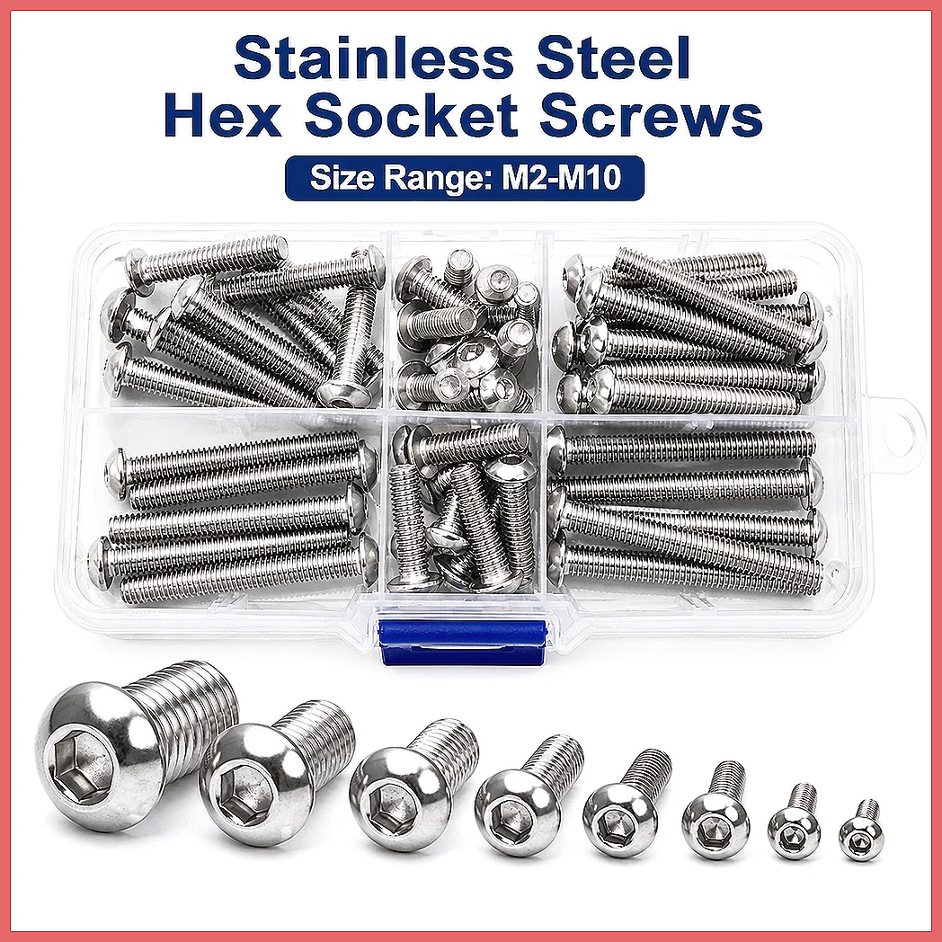 M2 M2.5 M3 M4 M5 M6 M8 M10 Hex Socket Button Head Screw Set, A2 304 Stainless Steel Allen Bolt Cap Head Assortment Kit