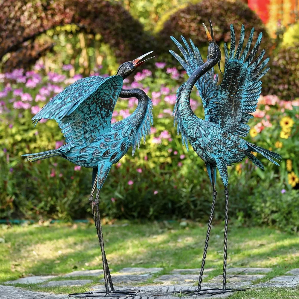 Garden Crane Sculptures & Statues, Blue Heron Decor Outdoor Large Bird Yard Art, Standing Metal Heron Lawn Ornaments