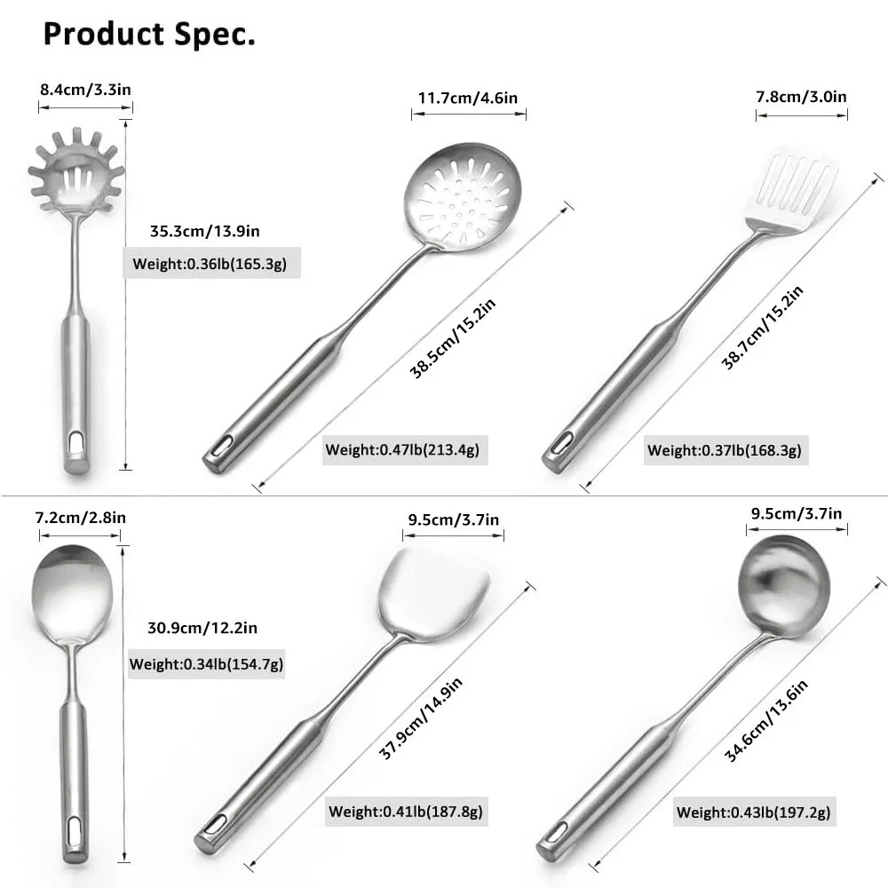 Stainless Steel Cooking Tools, Kitchen Serving Utensils with Heat-resistant Handle - Turner Soup Spoon Strainer Pasta Server