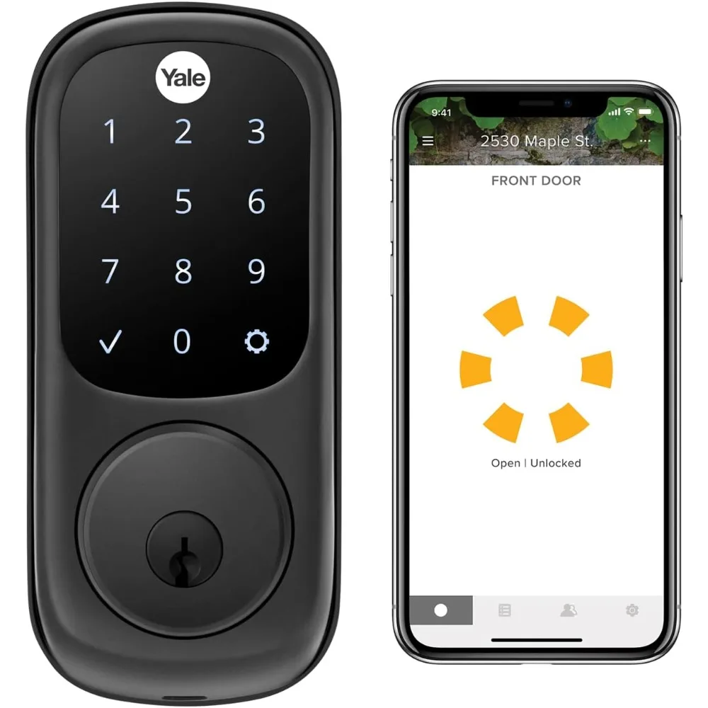 Assure Lock, Smart Lock in pelle scamosciata nera con tastiera touchscreen digitale connesso Wi-Fi per porta anteriore o posteriore con chiave di backup, YR