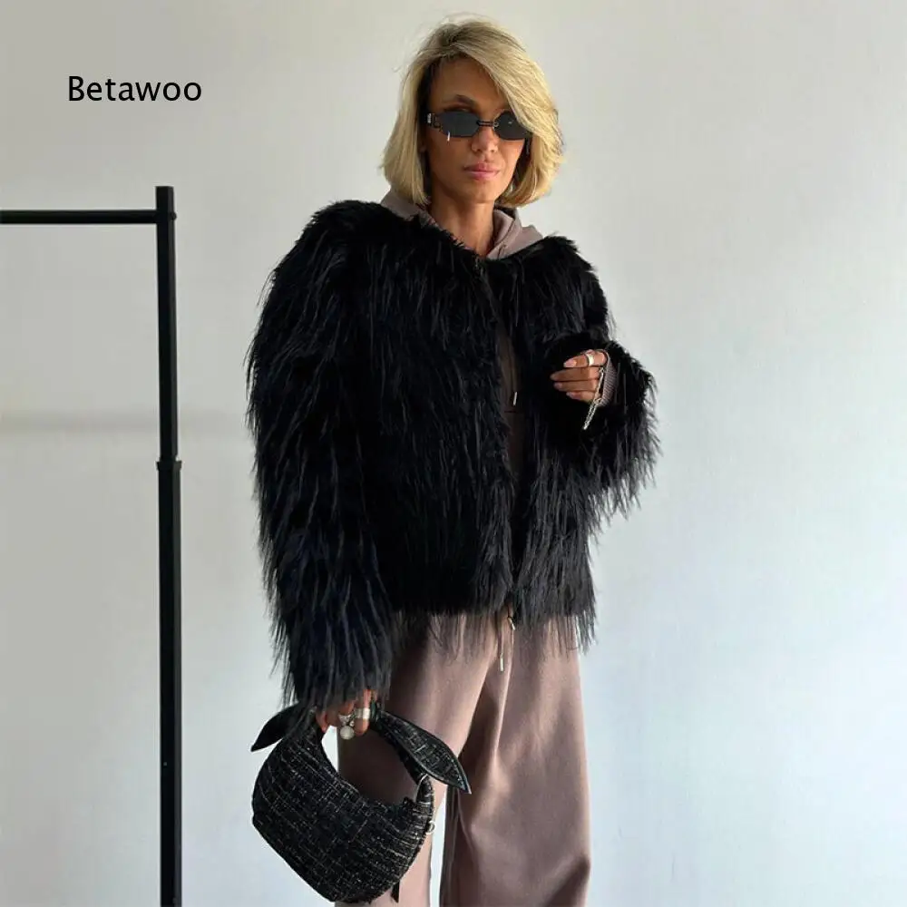 Round Neck Zip Faux Fur Cropped Coat For Women Black Shaggy Furry Fabric Loose Oversized Cut Winter Daily Outer Garment