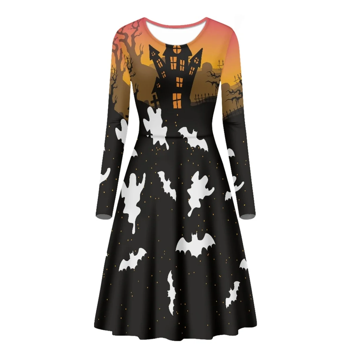 HYCOOL Women's Halloween Costume Spooky Pumpkin Spider Web Skull Print Holidays Or Daily Casual New in Drawstring Dress