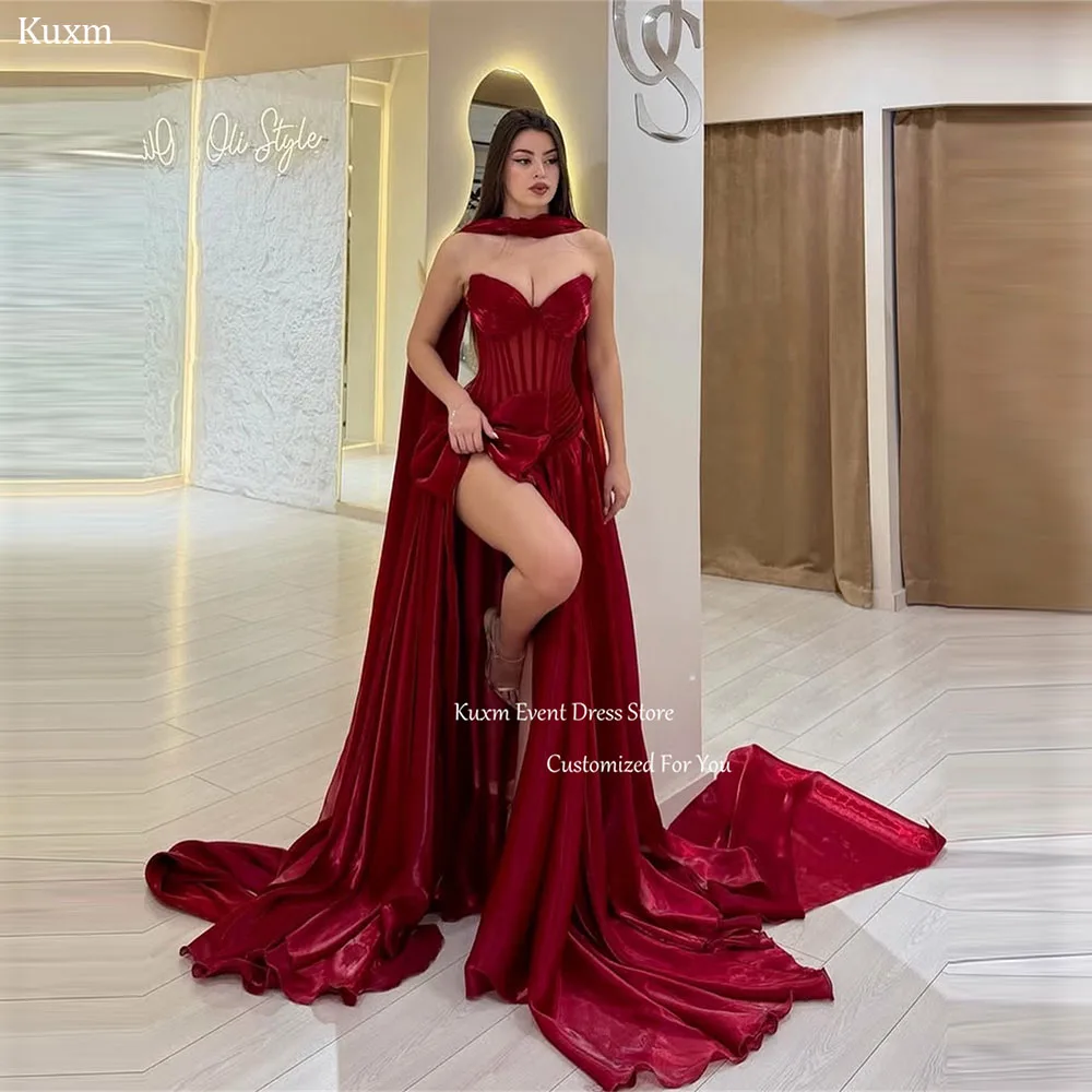 

Kuxm Elegant Burgundy A line Prom Dress Sweetheart Sleeveless Shiny Satin Evening Dress High Slit Bow Robes De Soirée Customized