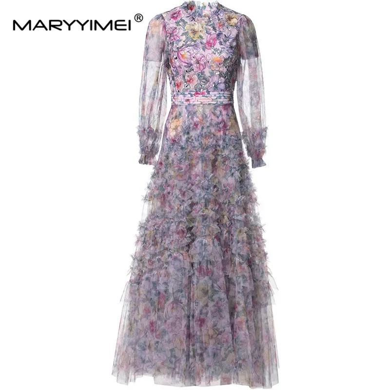

MARYYIMEI Fashion Autumn Winter Women's Dress Lantern Sleeved Edible Tree Fungus Edge High waist Stripe Mesh S-3XL Dresses
