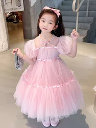 2024South Korea Children's Clothing Girls' Pink Dress Summer Western Style Children's Senior Year-Old Performance Dress Mesh Now