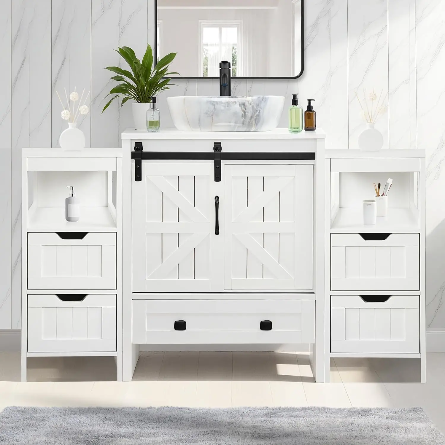 

48in Farmhouse Bathroom Vanity Sink 12in Cabinet 2 Drawers White Marble Ceramic Vessel 10 Basins Faucet Customized