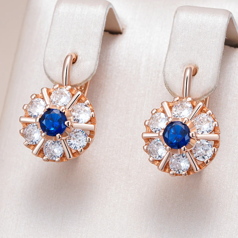 Kienl Hot 585 Rose Gold Color Flower English Earring for Women Trend Blue Natural Zircon Accessories High Quality Daily Jewelry