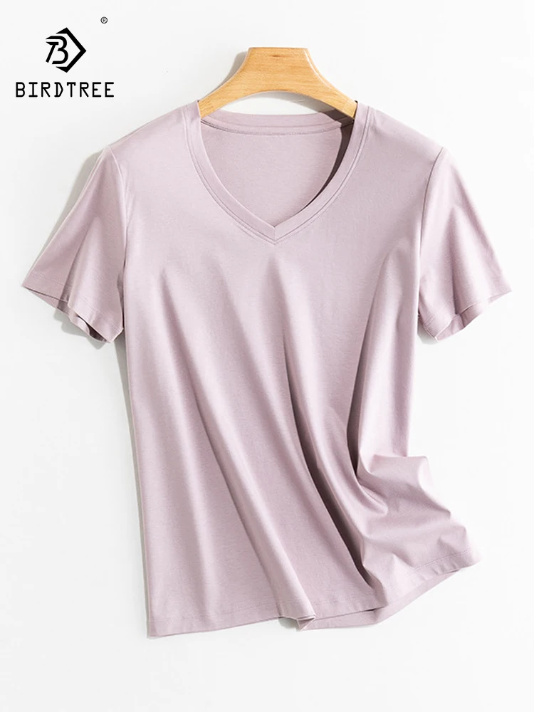 BirdTree, 10%Natural Silk Casual T-Shirt, Women V Neck Short Sleeve, Breathable Basic Sunscreen Tops, Summer Autumn T48176QC