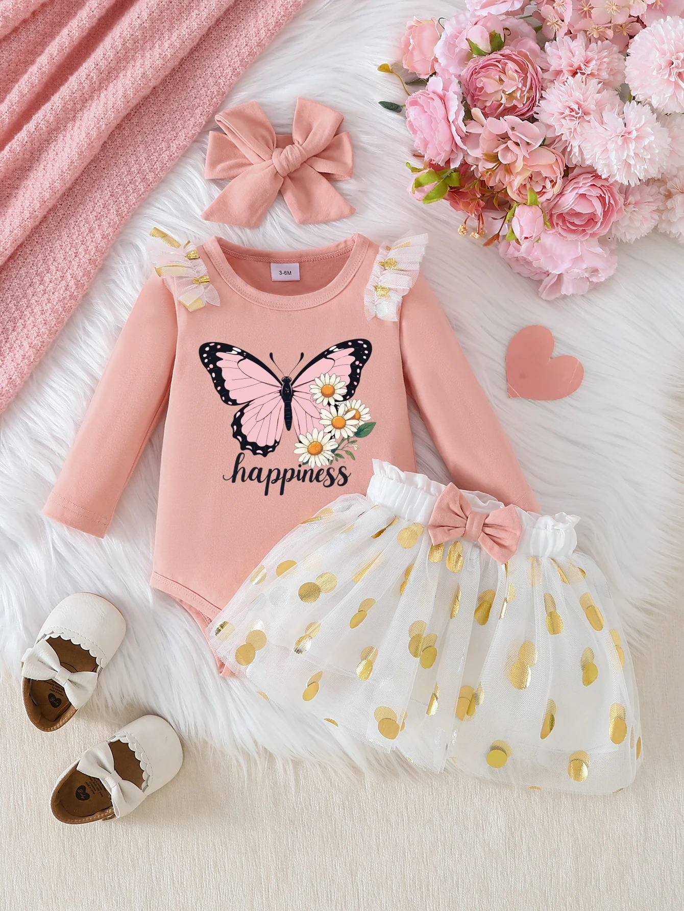 Baby Pink Butterfly Decorated Three-Piece Set Sweet And Fresh Alphabet + Butterfly Decor Gold Dot Tulle Skirt Elegant Design