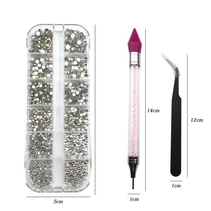 12 grades de cristal ab com parte traseira lisa, brocas com pinça de caneta, faça você mesmo, acessórios de decoração de arte de unha, suprimentos para unhas, caneta pontilhadora