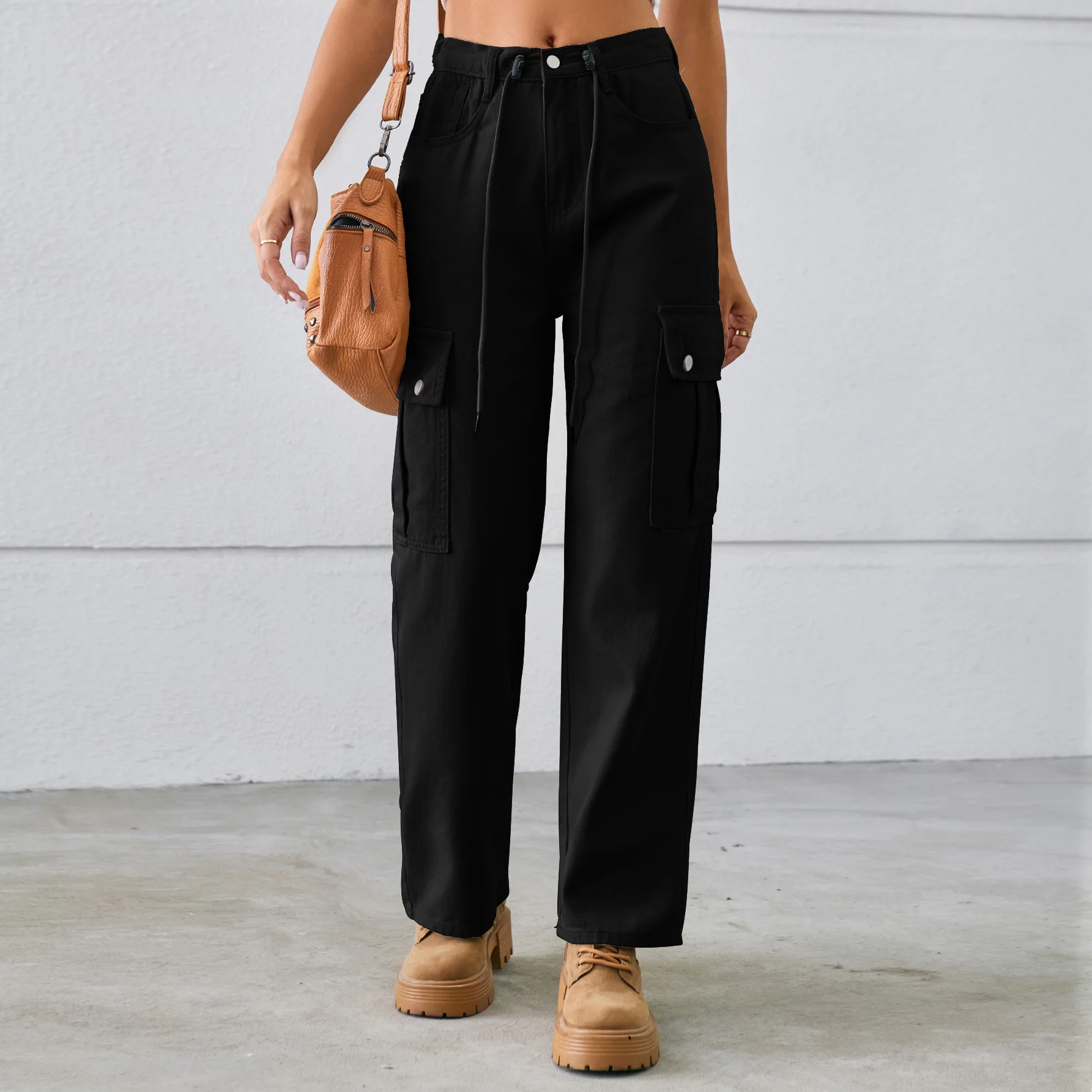 

New Drawstring Adjustable Washed Jeans, Women's Four Seasons Fashionable Loose Patchwork Work Pants. Casual Straight-leg Jeans