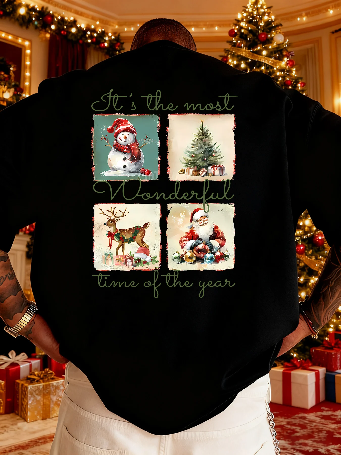 

Men's short-sleeved T-shirts with snowman, Christmas tree, reindeer and Santa Claus. Perfect holiday parties and everyday wear.