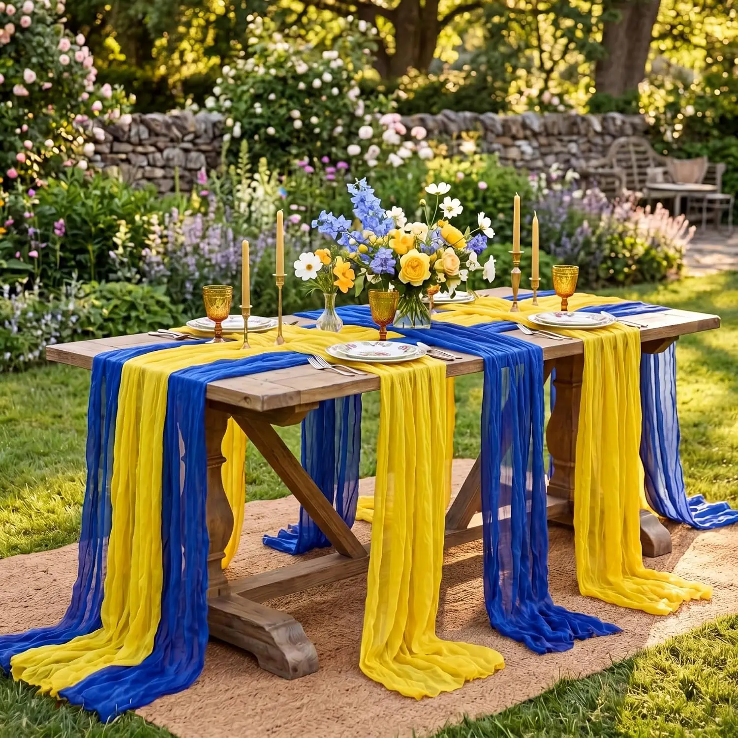 6pcs Wedding Cheesecloth Table Runner Royal Blue Lemon Yellow Gauze Rustic For Coast Wedding Bridal Baby Shower Party Decor