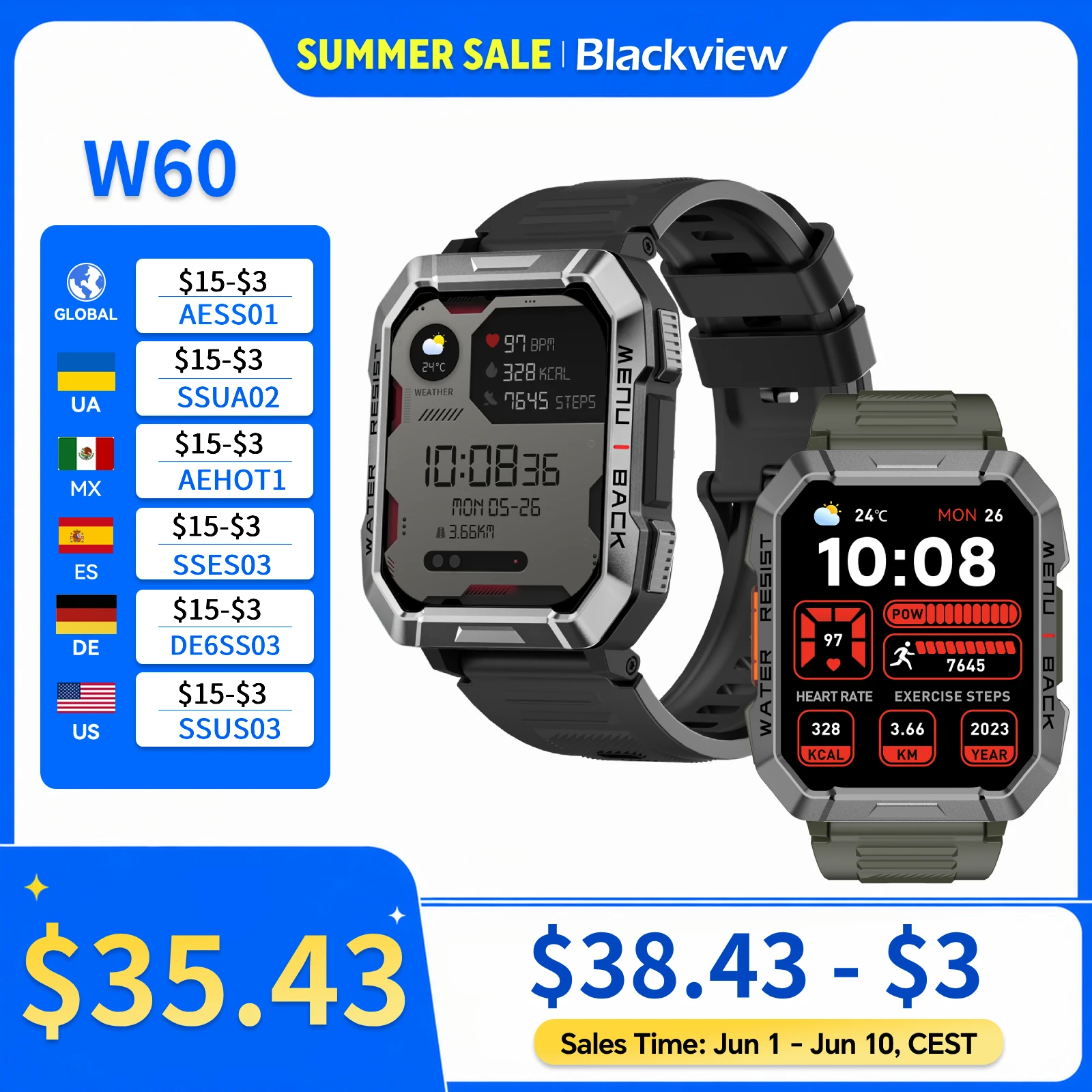 Blackview W60 2024 New Smartwatch 2.01'' HD Display TFT Rugged Smart Watch for Outdoor With Emergency Lighting Bluetooth Calling