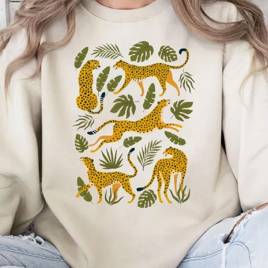 

Aesthetic Unisex Sweatshirt Long Sleeves Casual Hoodies Stylish Pullover Daily Wear Multiple Colors Versatile Tropical Leopard