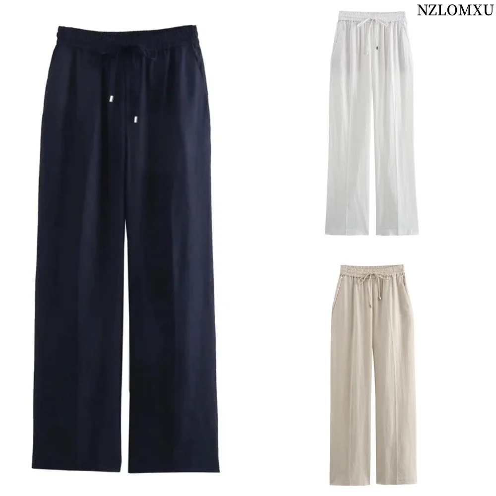 

2024 Woman Trousers White Black High Waist Casual Pants Women Ties Elastic Waist Women's Pants Summer Linen Baggy Pants