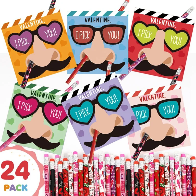 Funny Nose Picking Valentines Day Gifts Kit For Kids - 24 Valentines Day Cards & 24 Pencils Set - I Pick You Mustache Glasses