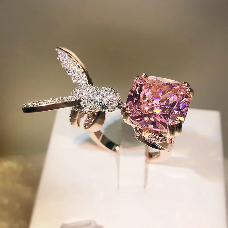 

New Fashion Hummingbird AAA Zircon Ring Female 925 Stamp Creative Wedding Engagement Prom Party Jewelry Valentine's Day Gift