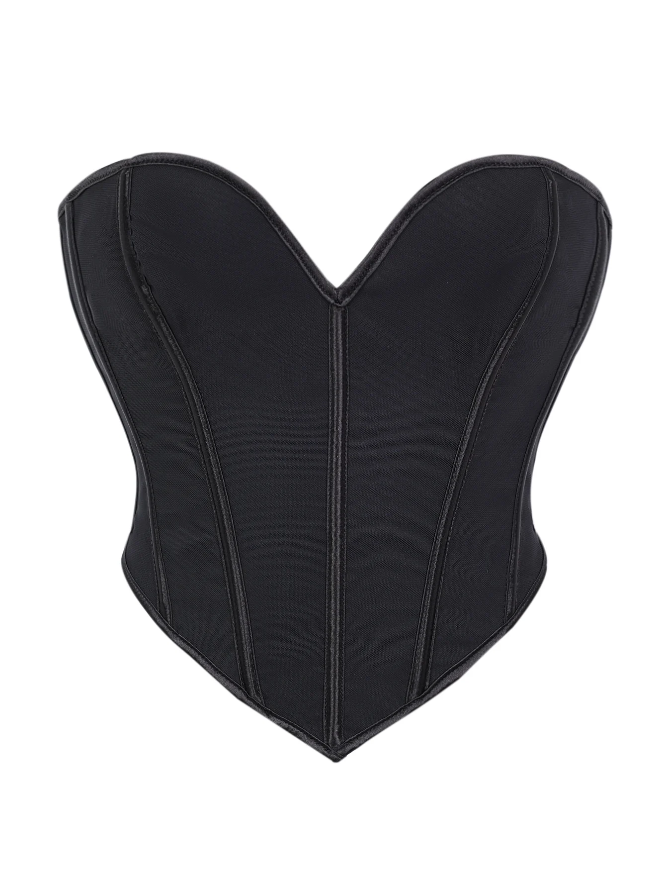 

Minimalist black mesh fabric corset with a back strap for a cinched waist and no shoulder strap for shaping
