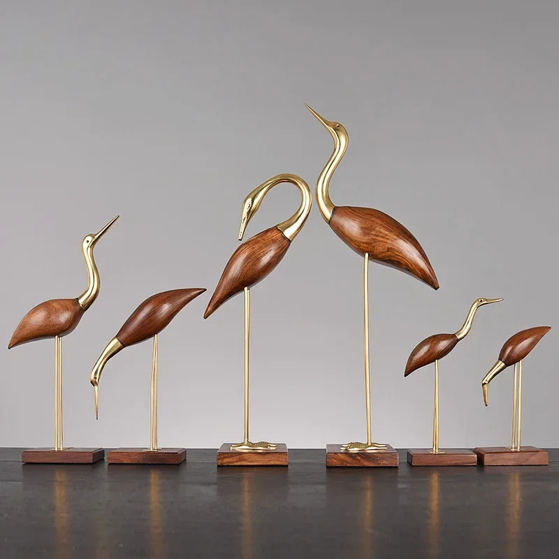 Wooden Pot Ornament Crane Bird Swan Simulation Animal Sculpture Brass Metal Sculpture Home Decoration Decorative Figurines