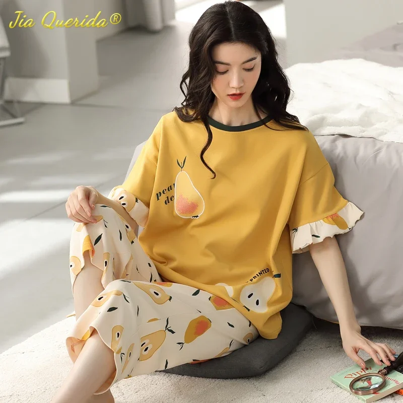 SUKAE Lovely Calf-Length Pants Homewear Cartoon Pyjamas Women Pajama Sets Summer Sleepwear Mujer Nightwear Knitted Cotton Pijama