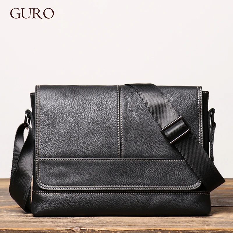 GURO Men\'s Genuine Leather Shoulder Sling Bag Deluxe Design Flap Messenger Bag Natural Cowhide Crossbody Man Casual Business Bag