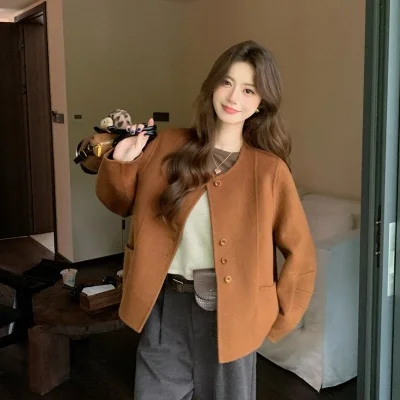 2026 new double-sided woolen coat for women, short round neck, small and versatile, slimming woolen coat