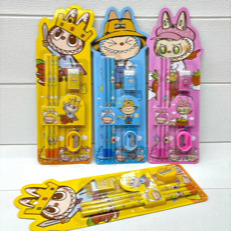 POP MART Labubu Stationery Set for Student Anime Cartoon Pencil Ruler Eraser Pen Sharpener Suit Boys Girls School Study Supplies