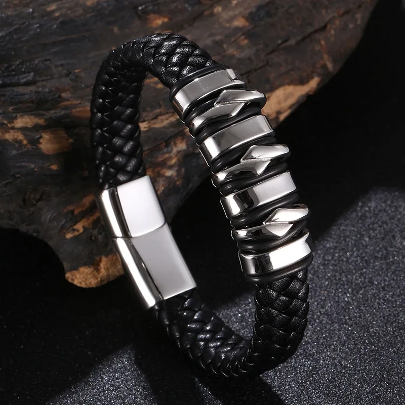 

Punk Style Genuine Leather Braided Men Bracelet Stainless Steel Magnet Buckle Bangles Male Jewelry Accessories Wholesale SP1332