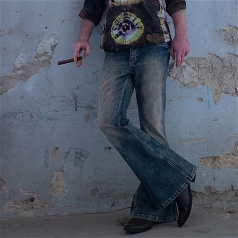 Vintage Men's Big Flared Jeans Male Youth Four Seasons Casual Deep Blue Denim Pants 2023 Fashion High Waist Trousers Streetwear