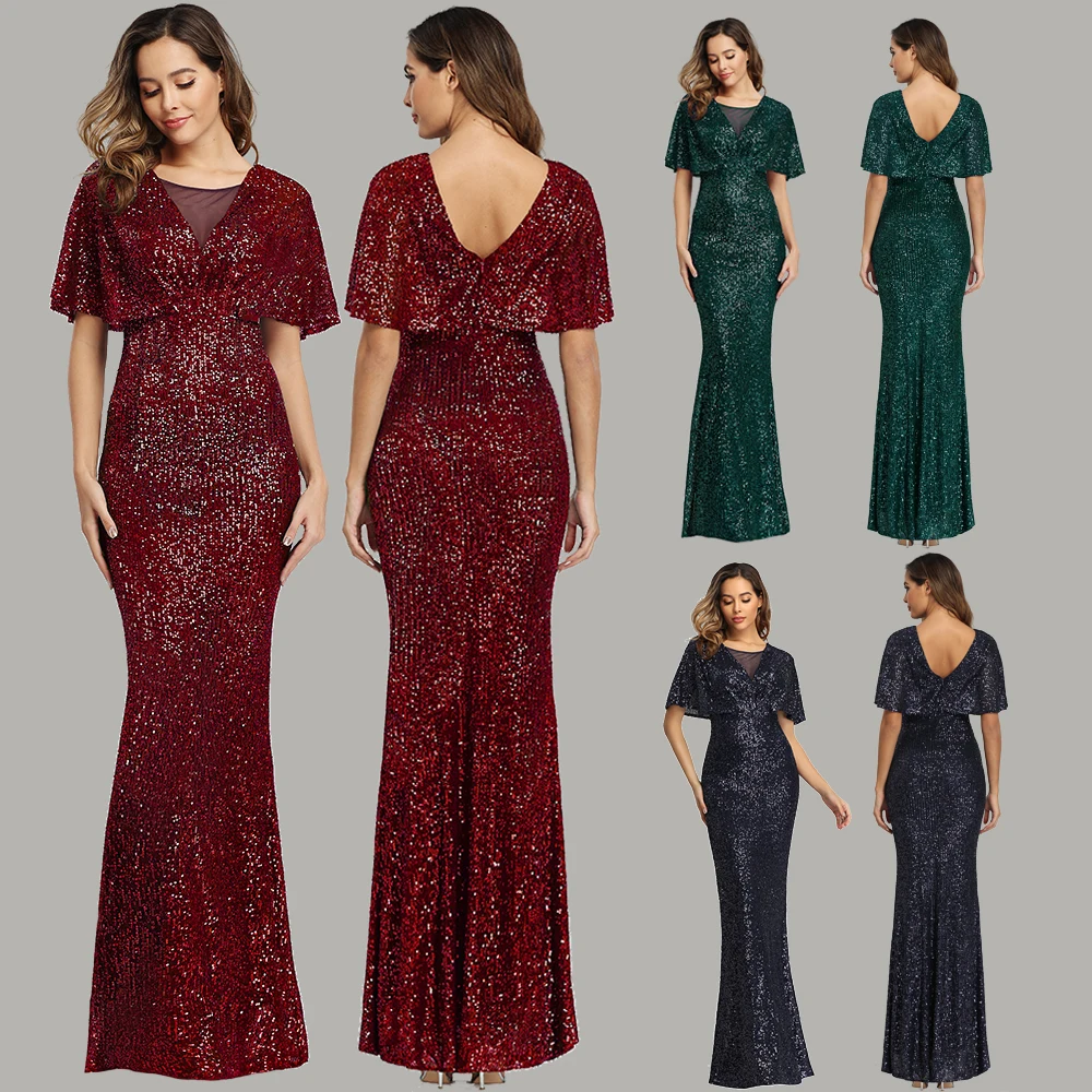 O-neck Sequinds Evening Dress V-Back Formal Dress for Women Short-Sleeves Mermaid Robe De Soriee Elegant Party Gowns Long Dress