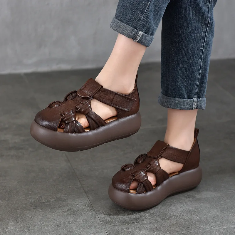 

GKTINOO 2025 Summer New Genuine Leather Retro Hand Woven Hollow-out Sandals Soft Soled Women's Flat Platform Shoes