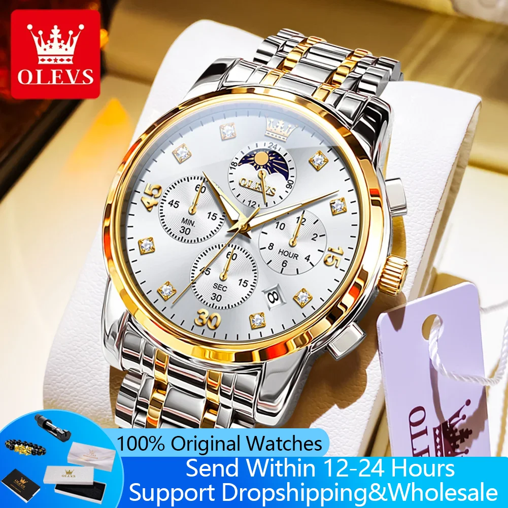 

OLEVS 3652 Men Watch Luxury Brand Original Quartz Wristwatch for Man Chronograph Moon Phase Waterproof Luminous Man Dress Watch