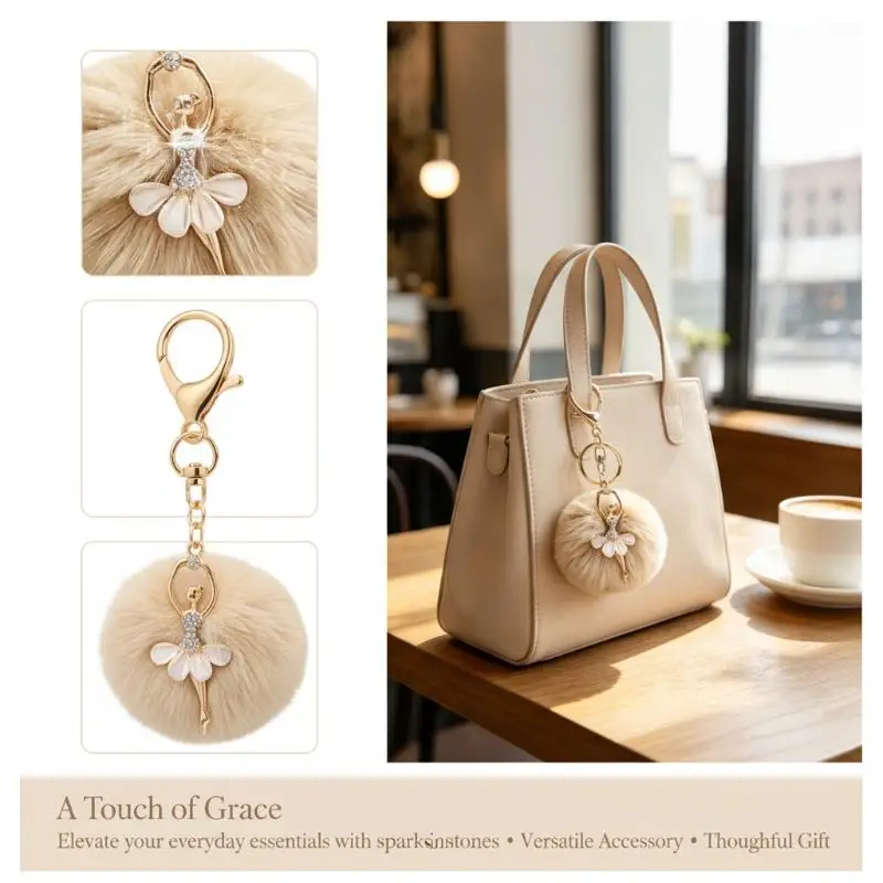1Pcs Fluffy Faux Fur Pom Pom Keychain Gold Clasp Crystal Ballerina Charm Portable Purse Pendant for Daily Commute