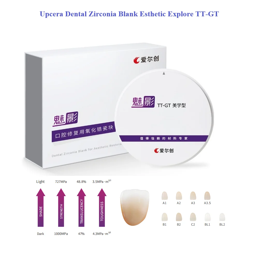 

Multilayers Upcera Explore Esthetic TT-GT Dental Zirconia Block CAD/CAM Upcera Explore TT-GT Zirconia Ceramic Blocks 98mm