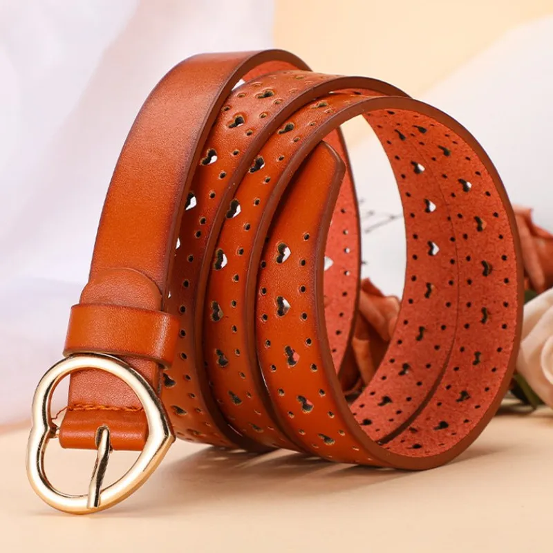 

Fashion Women Belts High Quality Leather Heart Shape Buckle Waistband All-match Hollow out Dress Jeans Belts for Lady