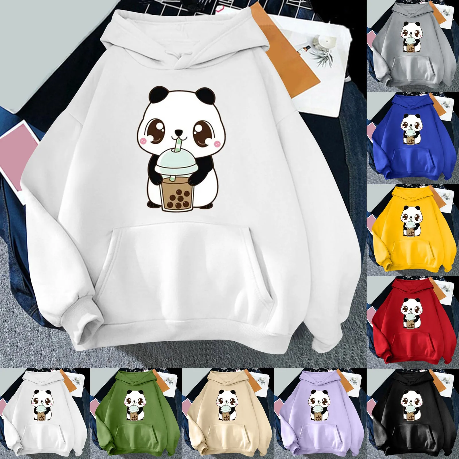 Women\'s Hoodies Cute Panda Print Fashion Sweatshirts Harajuku Female Blouse Y2K Long Sleeve Pullover Tops Hooded Casual Hoodies