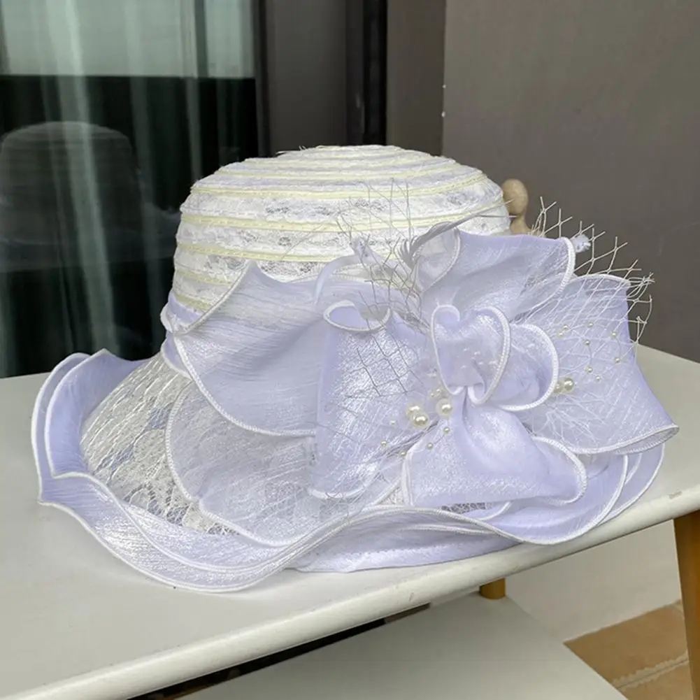 Women Retro Cap Elegant Vintage Style Women\'s Fisherman Hat with Organza Lace Bow Faux Pearl Feather Decor for Prom Party Sun