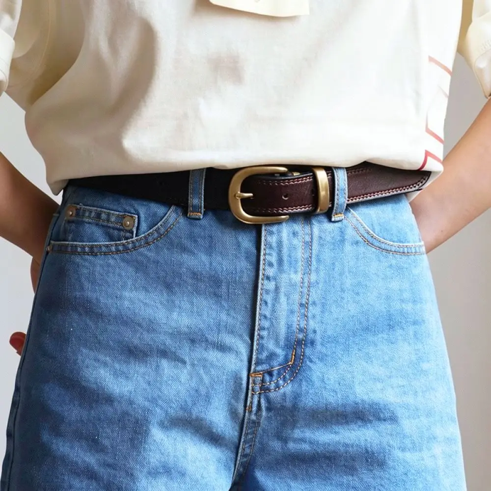 Luxury Cowhide Leather Belt Womens Vintage Brass Pin Buckle Simple Waistband Elegant Versatile Strap Fashion Item