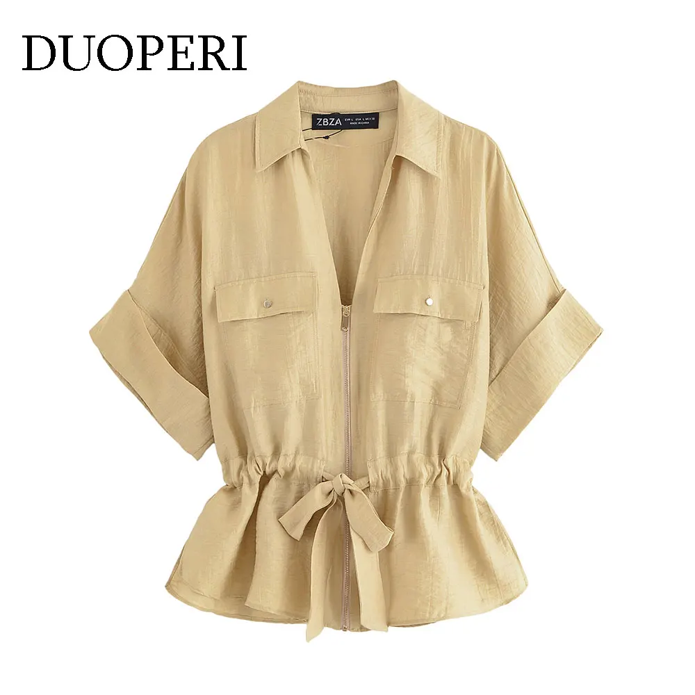 

DUOPERI Women Fashion 2025 Summer New Khaki Bow Lace Up Blouse Lapel Neck Short Sleeves Female Chic Lady Short Shirts
