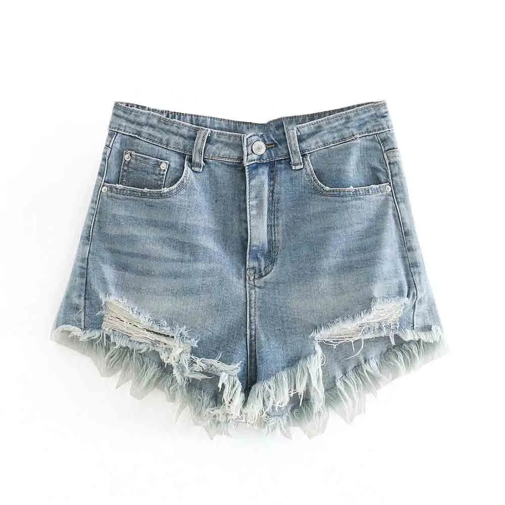 

Women 2024 Spring New Fashion Ripped High Waist Denim Shorts Chic Pocket Zipper All-Match Mini Shorts Mujer