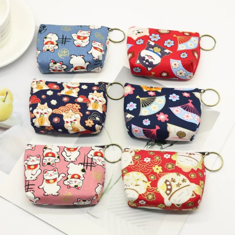 24pcs Random Color Unisex Retro Japanese Cat Canvas Coin Purse Card Key Mini Purse Pouch Bag Small Zipper Coin Wallet