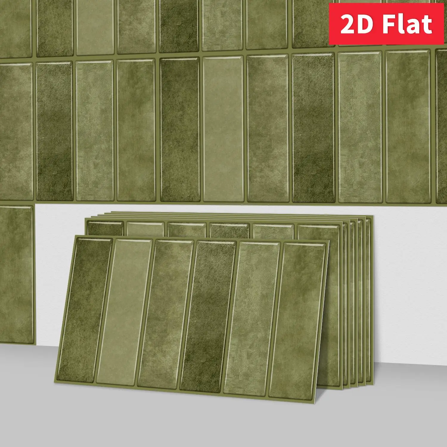 Retro Olive Green Self‑Adhesive Wall Tile Stickers 11.81×5.91 inch 2D Flat Crystal Film for Kitchen Bathroom Living Room Decor